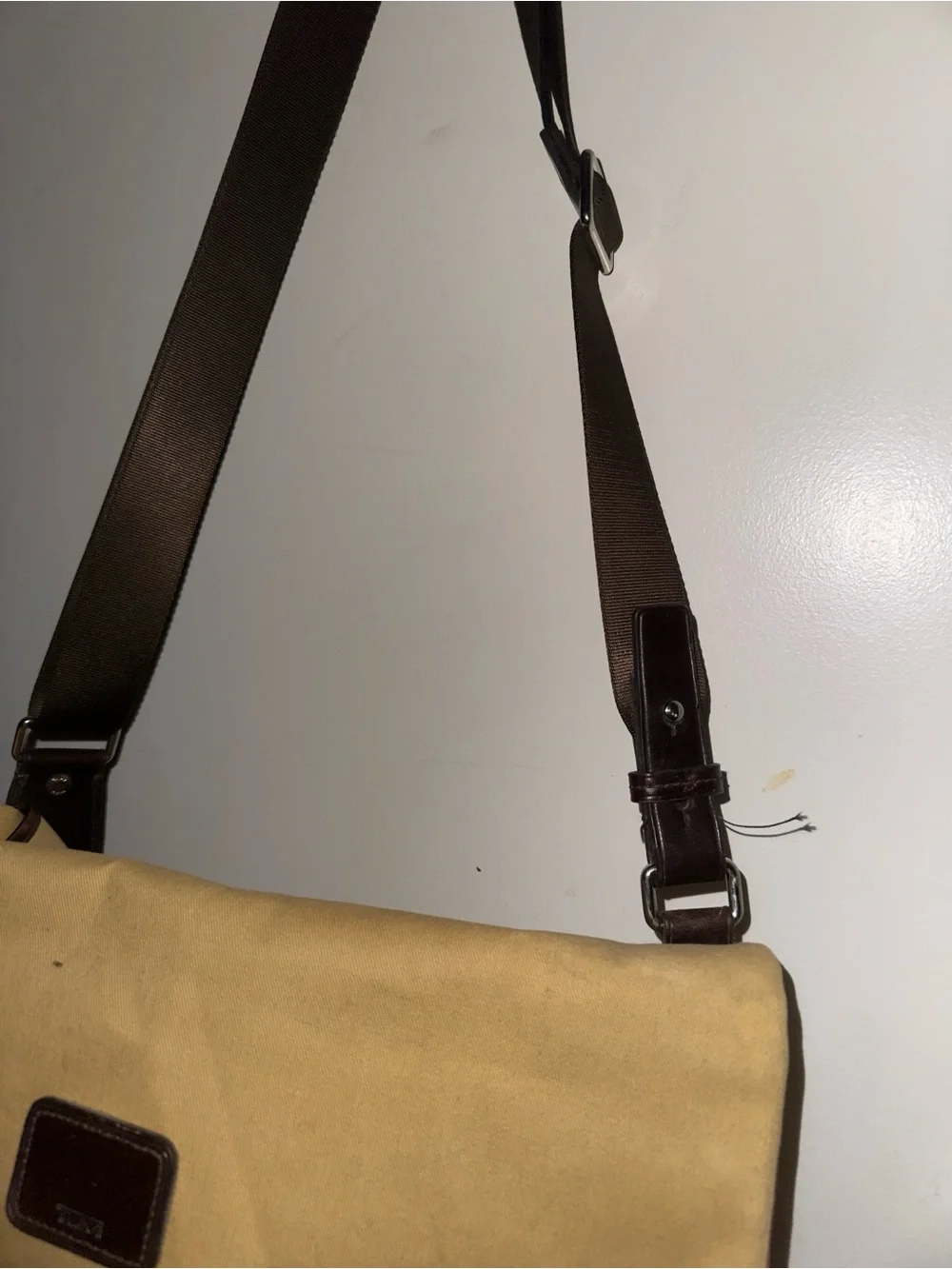 Tumi Tan Canvas Messenger Bag with Dark Brown Leather Trim